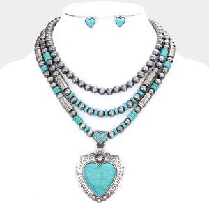 Natural stone heart accented triple layered statement necklace with earring set